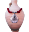 Artisan made ethnic chic tribal style teardrop pendant Nomad necklace hand made from from silver metal & sabra silk in bordeaux