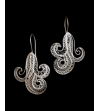 Peruvian Filigree "Wave" chandelier earrings handmade in 925 natural and oxidised silver on a black backdrop