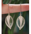 Beautifully delicate "Forever Leaves" filigree earrings handmade in 925 silver shown to scale hanging from a woman´s finger