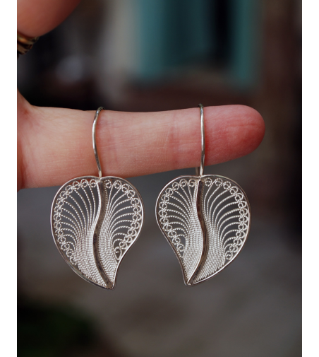 Peruvian earrings, silver filigree earrings with heart leaf design