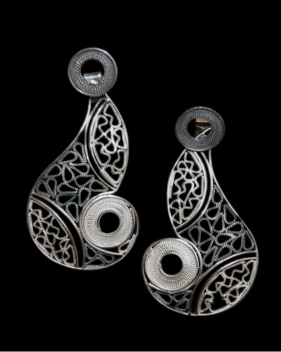 stunning filigree "Lucía" Earrings handmade in combined oxidised and natural 925 silver on a black backdrop