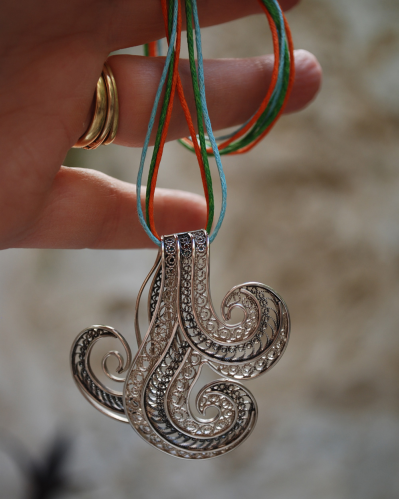 Artisan made Filigree "Wave" pendant necklace made in 925 oxidised and natural silver shown to size