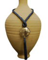 Artisan made ethnic chic art déco pendant necklace made from sabra silk in grey blue and a hammered silver sphere with tassel
