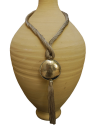 Hand made ethnic chic art déco pendant necklace made from sabra silk in taupe and a hammered silver sphere with tassel