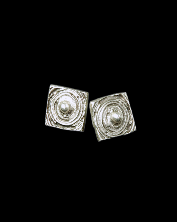 Front view of square shaped "Planet" motif stud earrings made from oxidised silver plated zamak @ Andaluchic