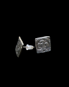 Front & lateral view of "Renaissance" motif stud earrings in oxided silver plated zamak @ Andaluchic on a black background
