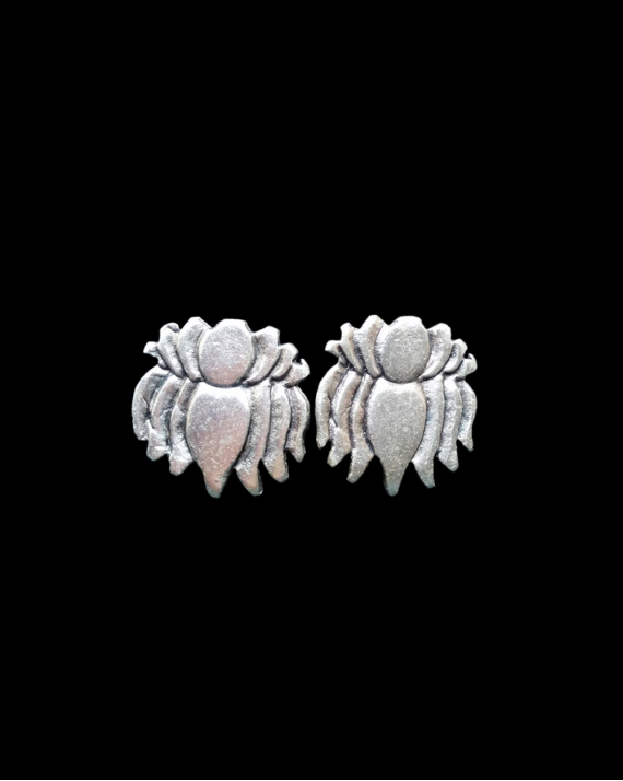 Front view of Andaluchic´s "Honeybee" motif stud earrings in oxidised silver plated zamak on a black backdrop