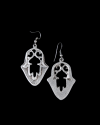 Front & back view of "Hamsa" drop earrings made from oxidised silver plated zamak @ Andaluchic displayed on a black background