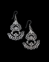 Front view of Andaluchic´s "Hispaniola" chandelier drop earrings made from oxidised silver plated zamak on a black backdrop