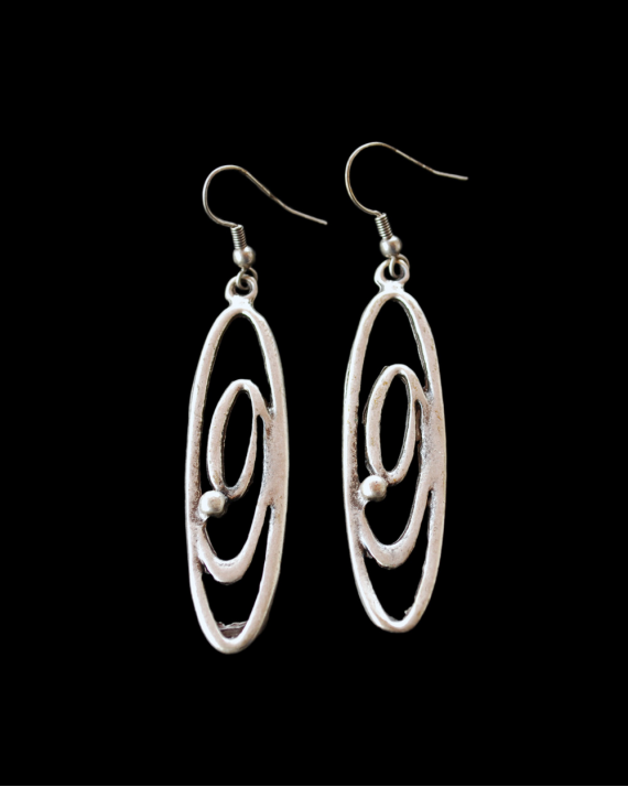 Front view of Andaluchic´s "Athena" long drop earrings made from oxidised silver plated zamak shown on a black background