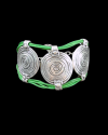 Front view of Andaluchic´s vintage look "Disc" bracelet made from antiqued, oxydised silver plated zamak & green leather