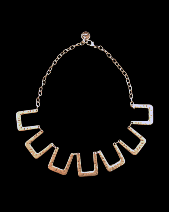 Front view of Andaluchic´s retro "Troy" necklace, made from antiqued silver plated zamak, a design with strong, feminine lines