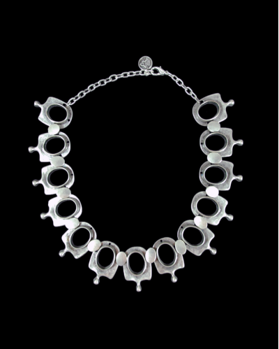 Front view of Andaluchic´s modern & yet retro "Cleopatra" strongly designed necklace is made from antiqued silver plated zamak