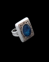 Right front view of Andaluchic´s adjustable rectangualr shaped "Signet" Ring in aged silver plated zamak with turquoise resin
