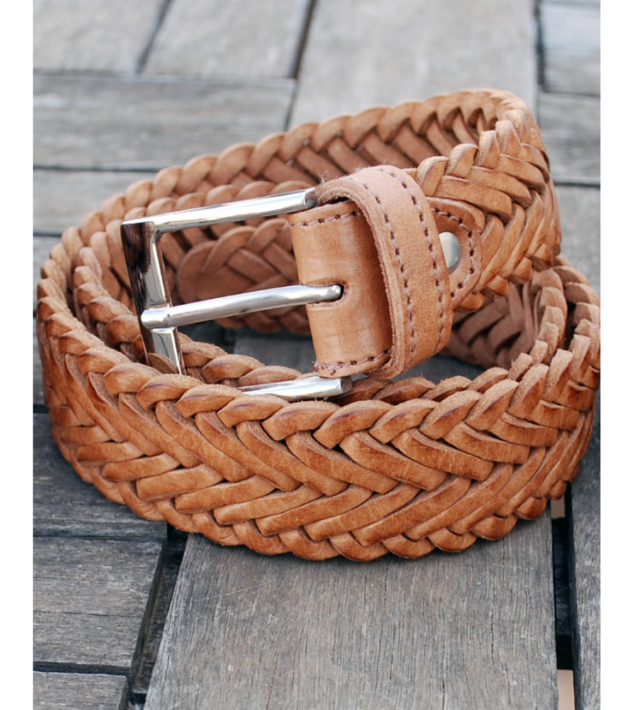 Tan belts handmade in weaved leather with silver buckle
