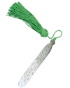 Hand engraved silver bookmark with a long tassel in jewel colors