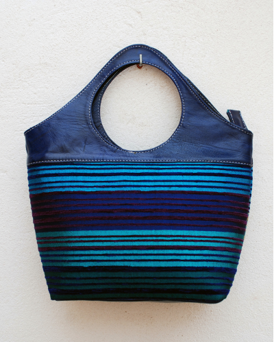 Blue handbag in goatskin leather and striped fabric in mixed blues