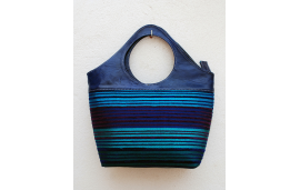 Blue handbag in goatskin leather and striped fabric in mixed blues