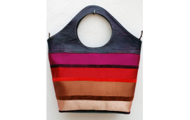 Large handbag in purple goatskin leather and colorful striped fabric