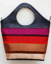 Large handbag in purple goatskin leather and colorful striped fabric