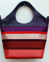 Large handbag in purple goatskin leather and colorful striped fabric