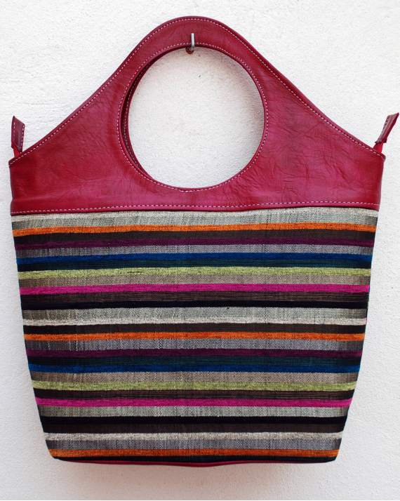 Large pink purse in fuchsia goatskin leather muted striped fabric