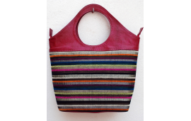 Large pink purse in fuchsia goatskin leather muted striped fabric