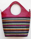 Large pink purse in fuchsia goatskin leather muted striped fabric