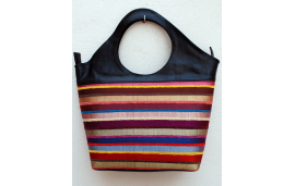 Large black leather colorful tote with multicolored striped fabric