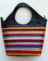 Large colorful tote bag in black leather with multicolored striped fabric