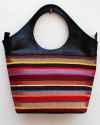 Large colorful tote bag in black leather with multicolored striped fabric