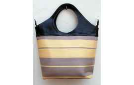 Large black leather tote with striped fabric in soft grey and muted yellow