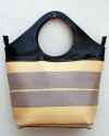 Grand sac tote pour femmes en vrai cuir noir et tissue à rayures de jaune pâle et gris