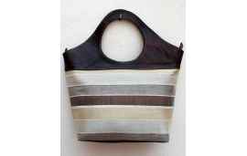 Large brown goatskin bag in cream, white and brown striped fabric