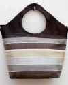 Grand sac tote en cuir marron tabac avec tissu à rayures crème, blanc, marron et taupe