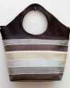 Large brown goatskin bag in cream, white and brown striped fabric