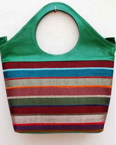 Large green handbag in soft goatskin with multicolored striped fabric