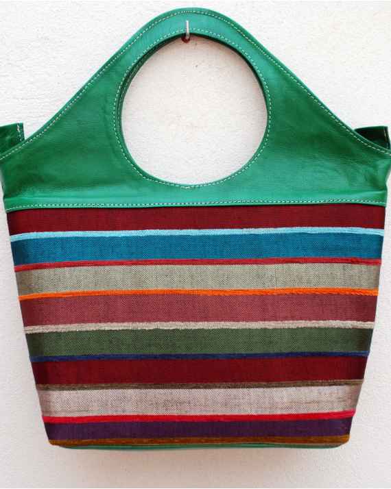 Large green handbag in soft goatskin with multicolored striped fabric