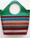 Large green handbag in soft goatskin with multicolored striped fabric