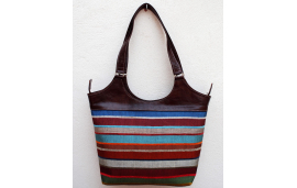 Large tobacco brown leather shoulder bag with multicolored striped fabric