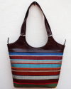 Large tobacco brown leather shoulder bag with multicolored striped fabric