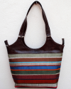 Large tobacco brown leather shoulder bag with multicolored striped fabric