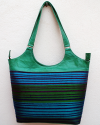 Large green leather and striped fabric shoulder bag