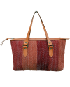 Back view of Andaluchic´s "Flor" shoulder bag in up-cycled hand-woven cotton in red & terracotta tones with tan calf´s leather
