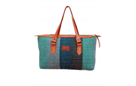 Over the shoulder bag in calfskin and blue and turquoise upcycled striped cotton