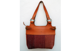 Red shoulder bag in upcycled cotton and genuine calfskin leather