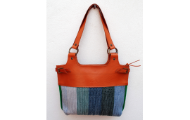 Calfskin shoulder bag with blue, turquoise and grey striped upcycled cotton