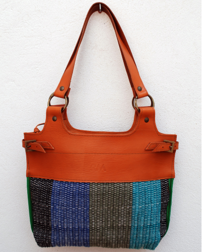 Front view of Andaluchic´s "Anillas" shoulder bag up-cycled hand-woven cotton in blue, green & turquoise tones with tan leather