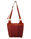 Back view of Andaluchic´s "Bandolero" shoulder bag hand woven in up-cycled cotton in red & terracotta tones with tan leather