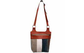 Leather shoulder bag with upcycled black, cream and fawn striped cotton